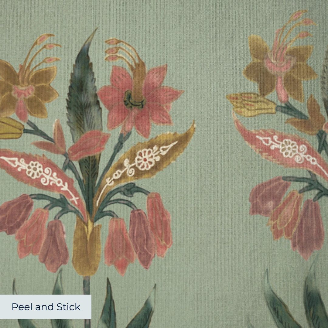 Red 17th century Indian chintz sprigs on a light green ground: peel-and-stick wallpaper closeup, linen-like texture