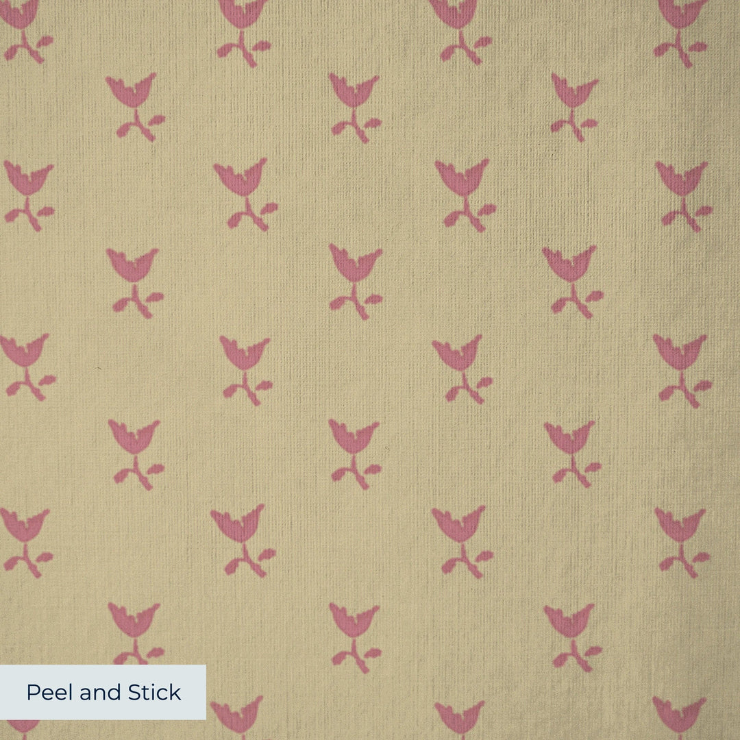 Dusty red Second Empire tulip silhouette on a warm tan ground: peel-and-stick wallpaper closeup, linen-like texture
