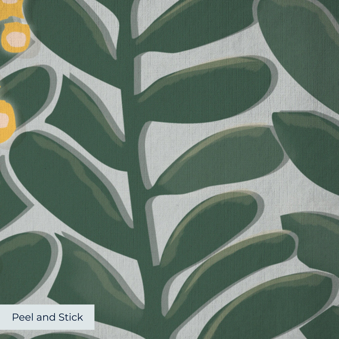 Dark green 1918 leaf sprays with yellow berries on a grey ground: peel-and-stick wallpaper closeup, linen-like texture