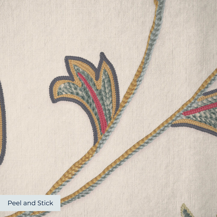 Pale pink floral vines on a grey ground peel-and-stick wallpaper closeup, linen-like texture