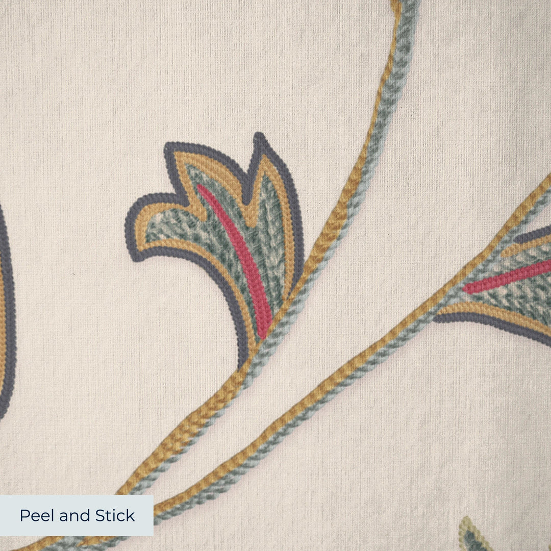 Pale pink floral vines on a grey ground peel-and-stick wallpaper closeup, linen-like texture