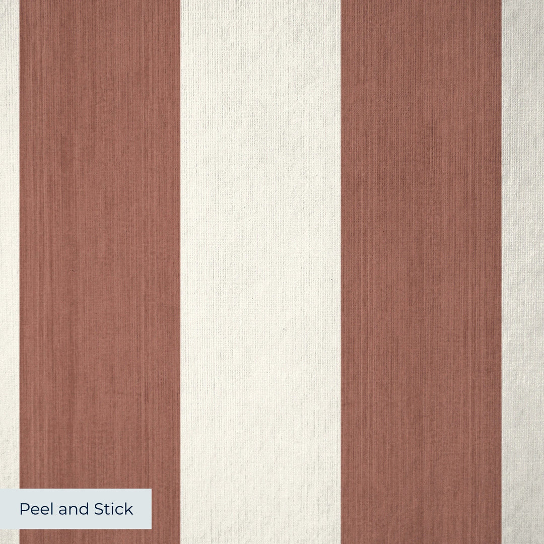 Warm brown and ivory 19th century equal-width stripe, brown striated: peel-and-stick wallpaper closeup, linen-like texture