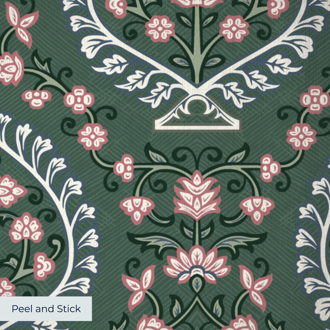 Varanasi Medallion in Forest Floor and Ivory — rose-pink flowers inside pale pointed medallions on a deep green ground peel-and-stick wallpaper closeup, linen-like texture