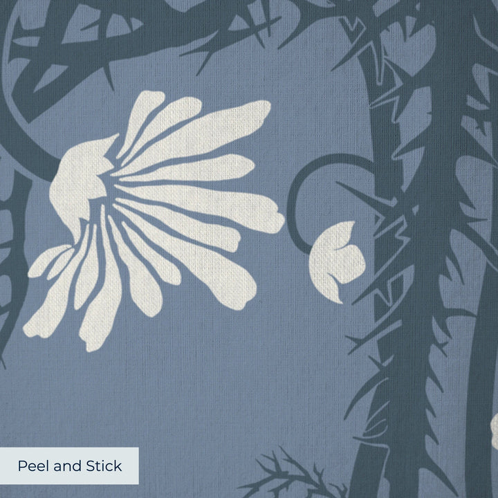 Marguerite in dusty blue and slate: spined, entwined stems forming vertical channels around massed daisy heads, translated from a c. 1904 Dutch linen damask finger towel by Cornelis van der Sluys. peel-and-stick wallpaper closeup, linen-like texture