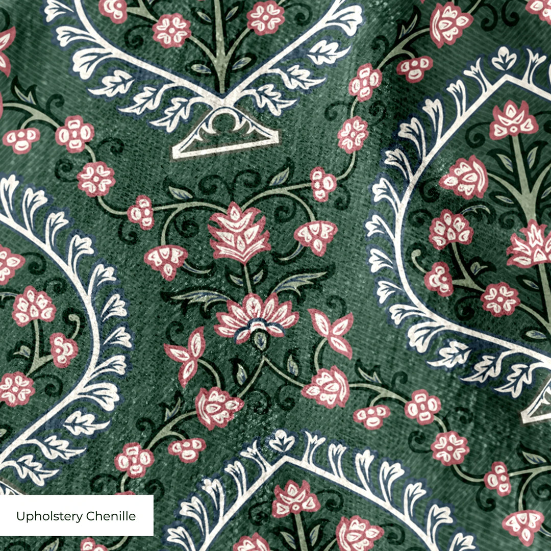 Varanasi Medallion in Forest Floor and Ivory — rose-pink flowers inside pale pointed medallions on a deep green ground cohort1 upholsterychenille texture