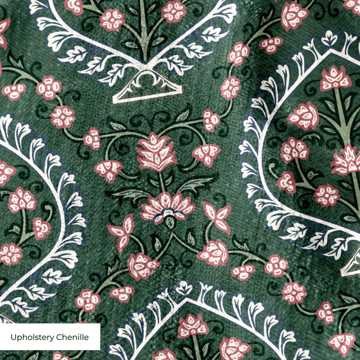 Varanasi Medallion in Forest Floor and Ivory — rose-pink flowers inside pale pointed medallions on a deep green ground cohort1 upholsterychenille texture