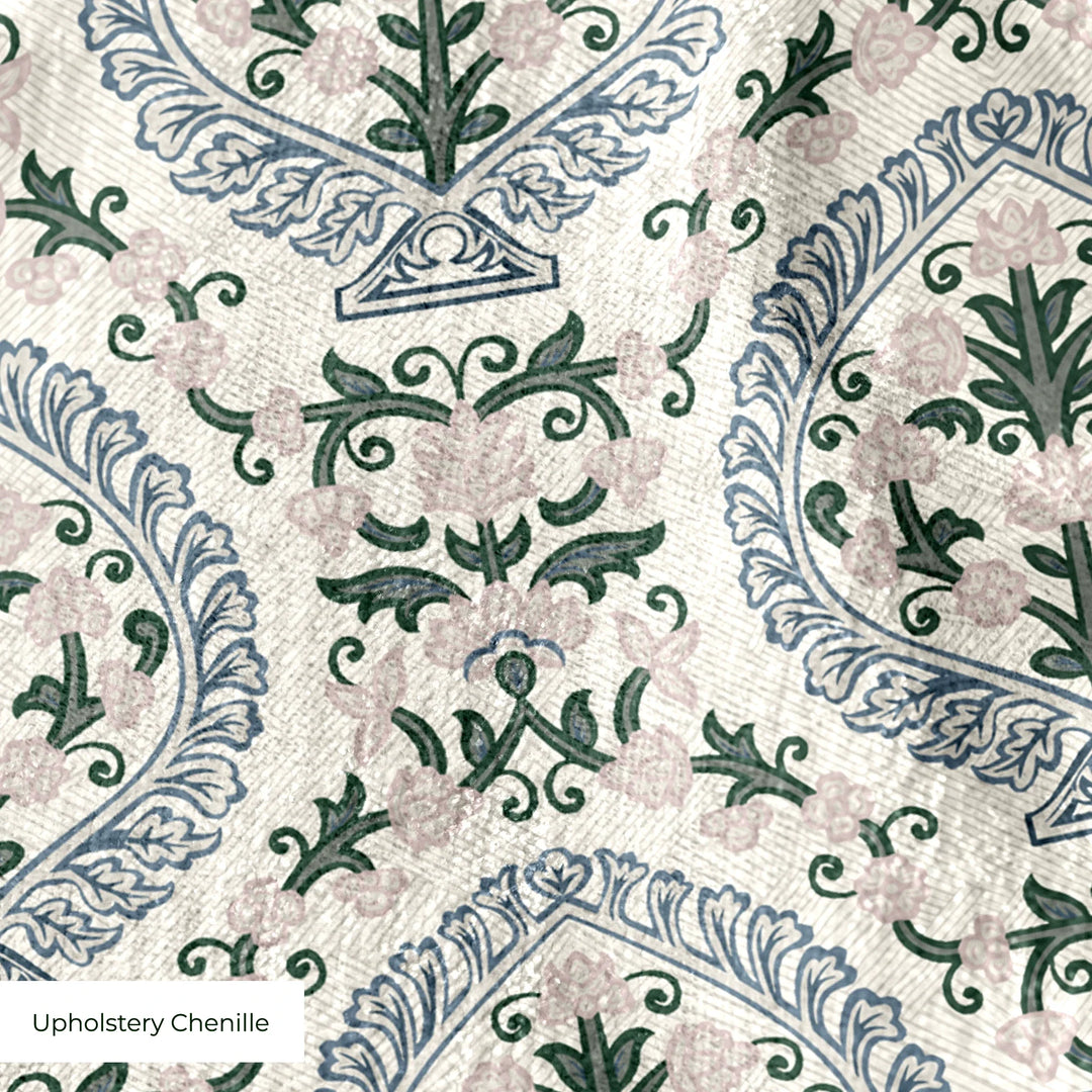 Varanasi Medallion in Ivory and Linen — slate-blue pointed medallions enclosing flowering plants on a near-white ground cohort1 upholsterychenille texture