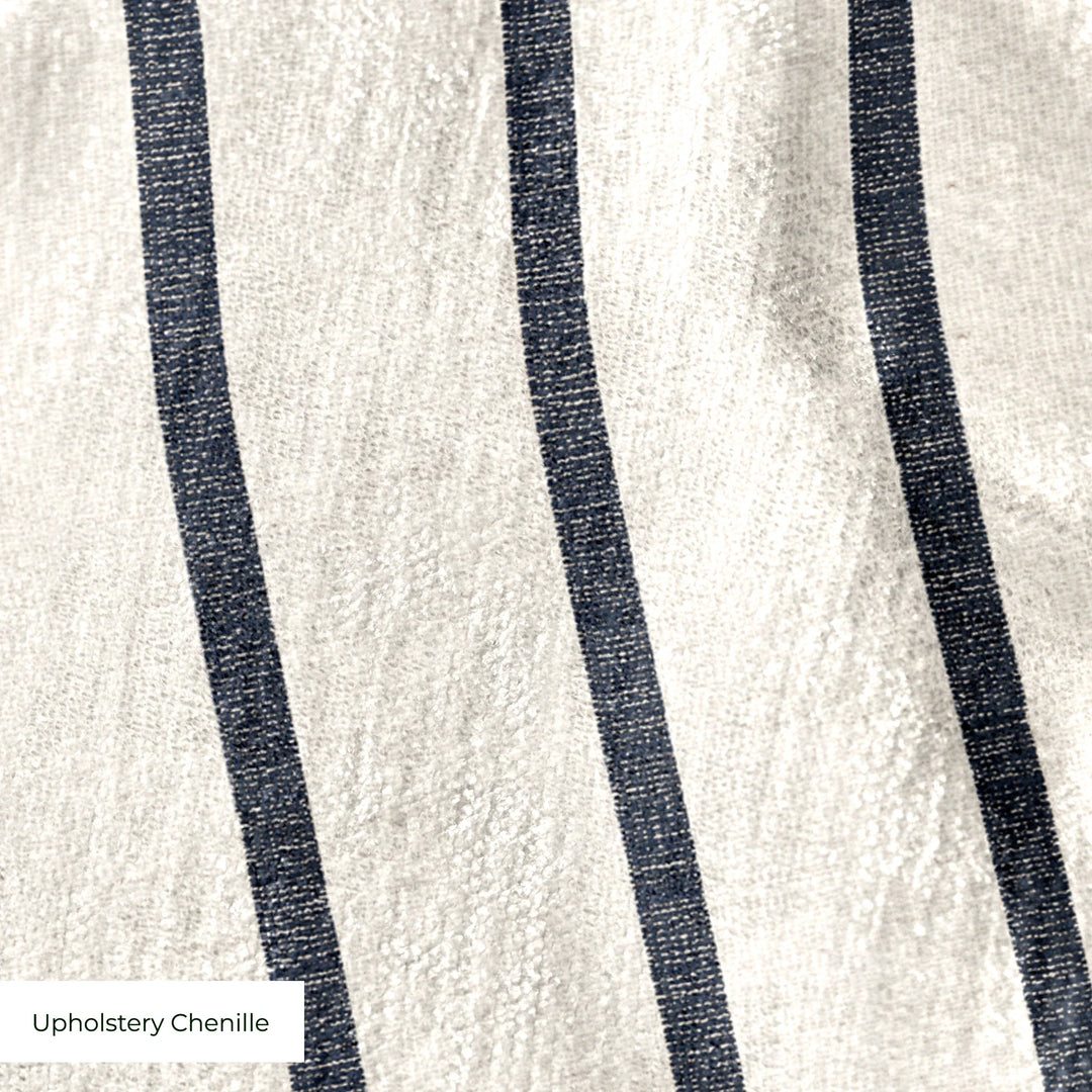 Navy woven-texture pencil stripe on a white ground: upholstery chenille swatch close-up.
