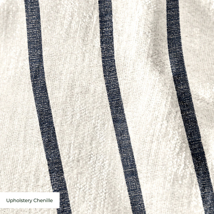 Navy woven-texture pencil stripe on a white ground: upholstery chenille swatch close-up.