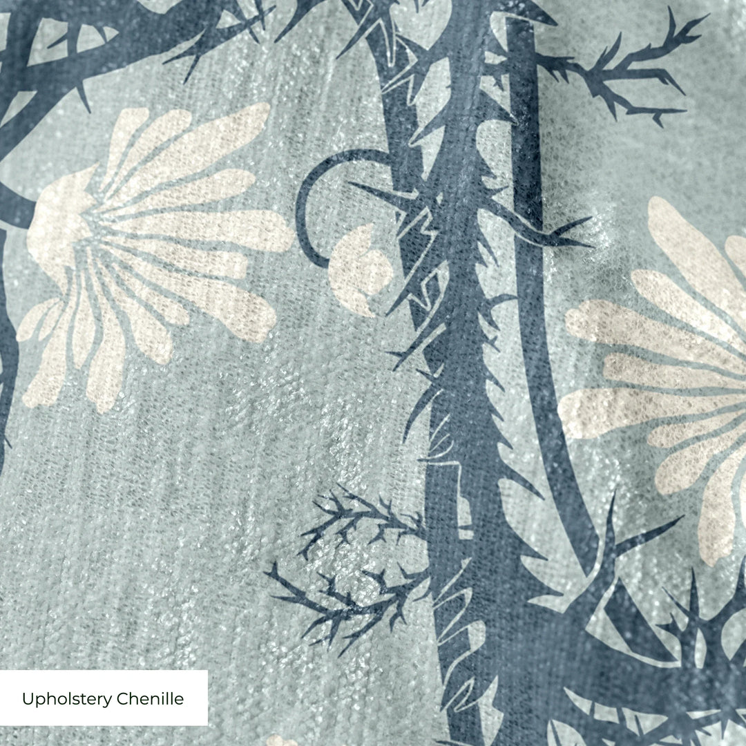 Marguerite in mist and slate: spined, entwined stems forming vertical channels around massed daisy heads, translated from a c. 1904 Dutch linen damask finger towel by Cornelis van der Sluys. cohort1 upholsterychenille texture