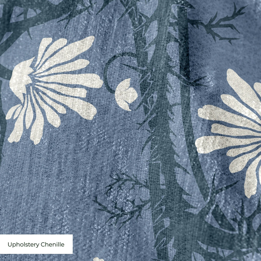 Marguerite in dusty blue and slate: spined, entwined stems forming vertical channels around massed daisy heads, translated from a c. 1904 Dutch linen damask finger towel by Cornelis van der Sluys. cohort1 upholsterychenille texture