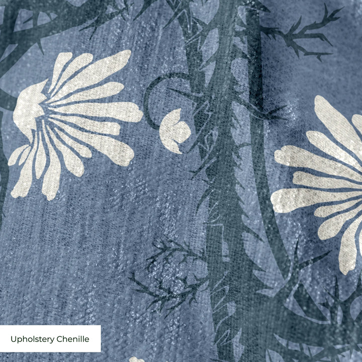 Marguerite in dusty blue and slate: spined, entwined stems forming vertical channels around massed daisy heads, translated from a c. 1904 Dutch linen damask finger towel by Cornelis van der Sluys. cohort1 upholsterychenille texture