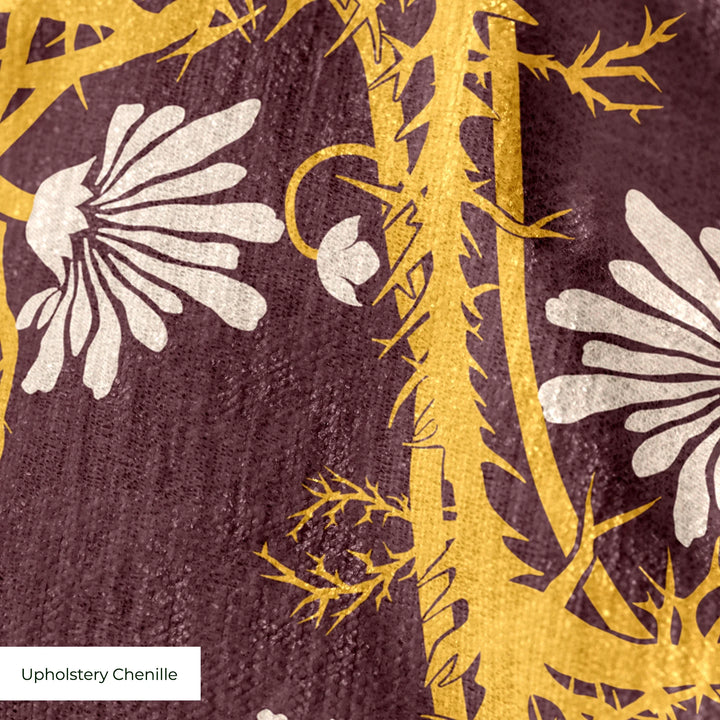 Marguerite in blackcurrant and marigold: spined, entwined stems forming vertical channels around massed daisy heads, translated from a c. 1904 Dutch linen damask finger towel by Cornelis van der Sluys. cohort1 upholsterychenille texture