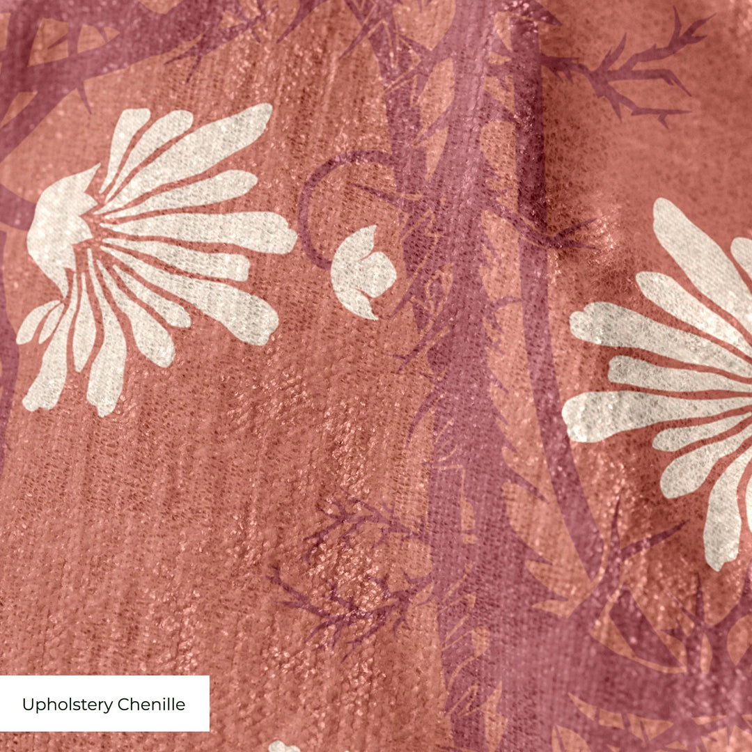 Marguerite in terracotta and pomegranate: spined, entwined stems forming vertical channels around massed daisy heads, translated from a c. 1904 Dutch linen damask finger towel by Cornelis van der Sluys. cohort1 upholsterychenille texture