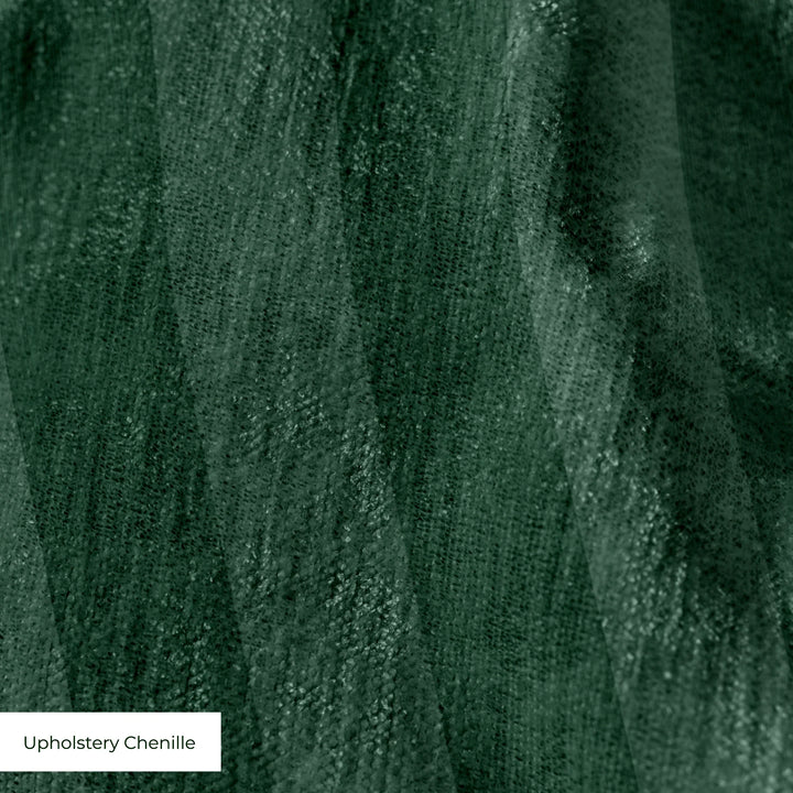 Deep green 19th century equal-width stripe, darker bands striated: upholstery chenille swatch close-up.