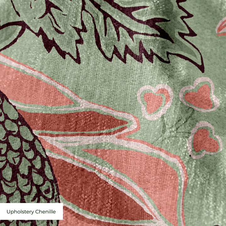 Flowering Pomegranate in eucalyptus and terracotta: an ogee lattice of lace borders framing a blossom held between two swelling pomegranates, translated from an 18th-century French block-printed quilt. cohort1 upholsterychenille texture