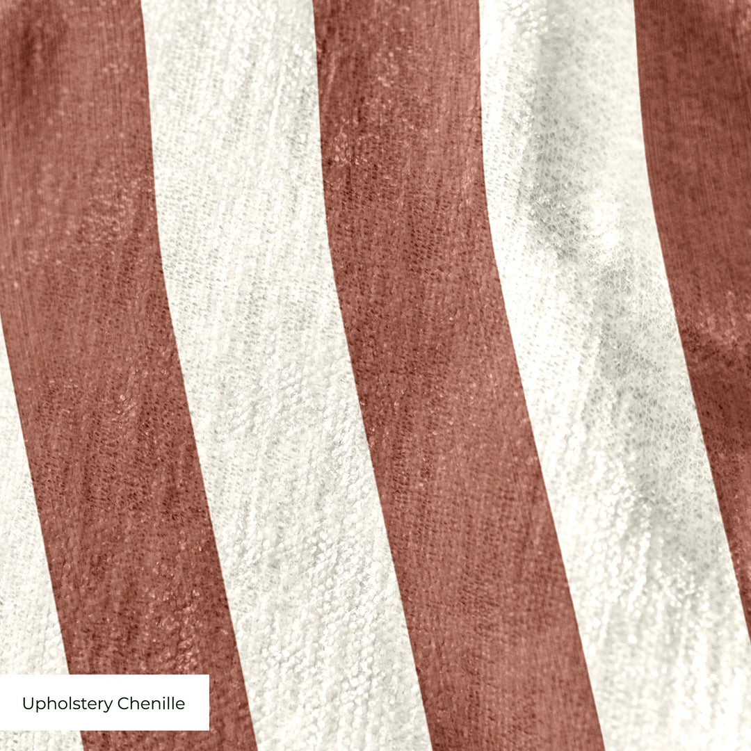 Warm brown and ivory 19th century equal-width stripe, brown striated: upholstery chenille swatch close-up.