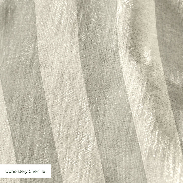 Warm greige 19th century equal-width stripe, deeper bands striated: upholstery chenille swatch close-up.