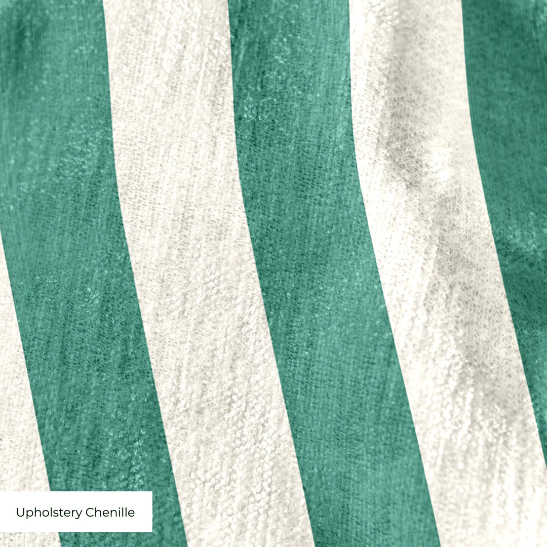 Blue-green and ivory 19th century equal-width stripe, green striated: upholstery chenille swatch close-up.