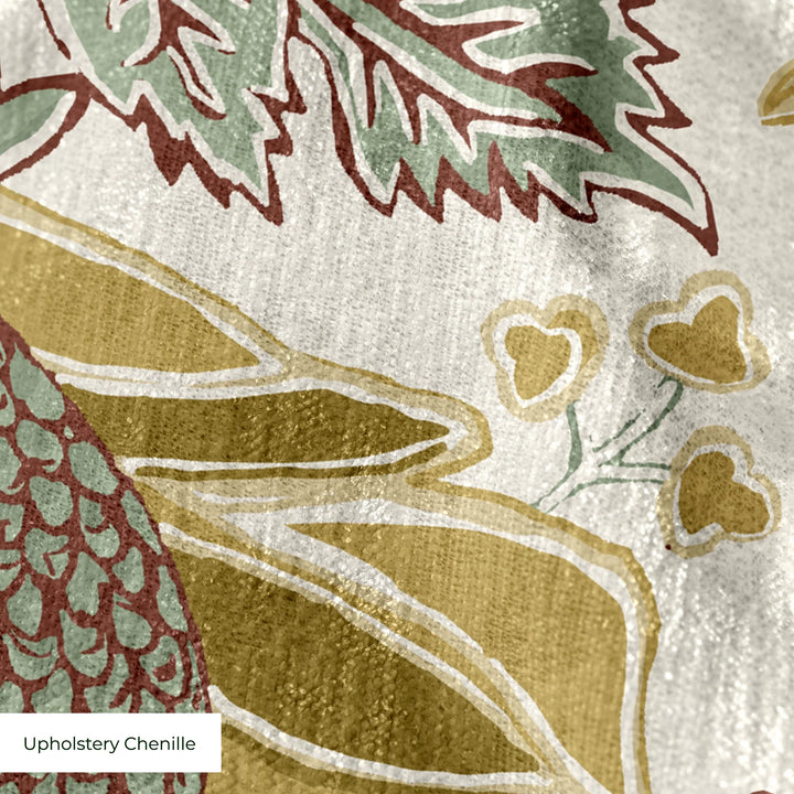 Flowering Pomegranate in linen and honey: an ogee lattice of lace borders framing a blossom held between two swelling pomegranates, translated from an 18th-century French block-printed quilt. cohort1 upholsterychenille texture