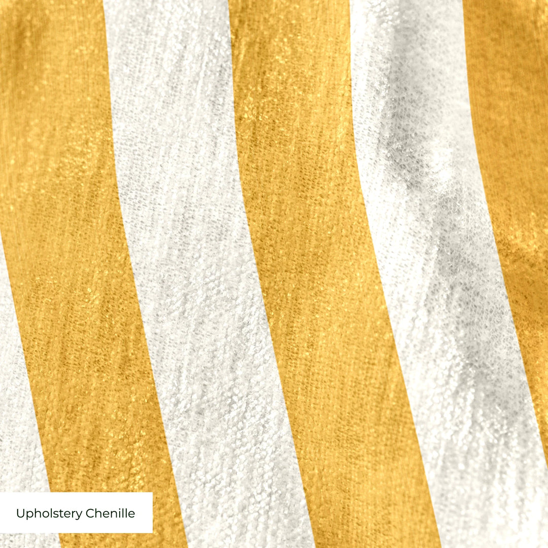 Marigold and ivory 19th century equal-width stripe, yellow striated: upholstery chenille swatch close-up.