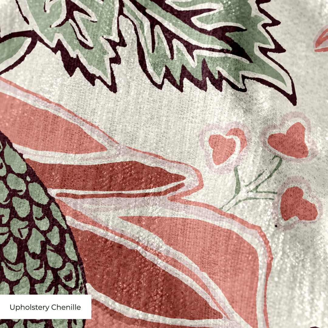 Flowering Pomegranate in linen and terracotta: an ogee lattice of lace borders framing a blossom held between two swelling pomegranates, translated from an 18th-century French block-printed quilt. cohort1 upholsterychenille texture