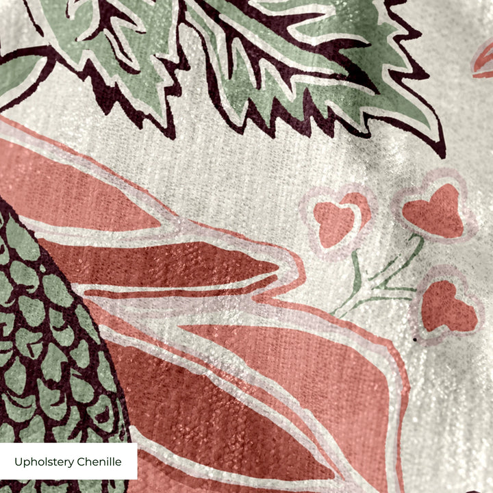 Flowering Pomegranate in linen and terracotta: an ogee lattice of lace borders framing a blossom held between two swelling pomegranates, translated from an 18th-century French block-printed quilt. cohort1 upholsterychenille texture