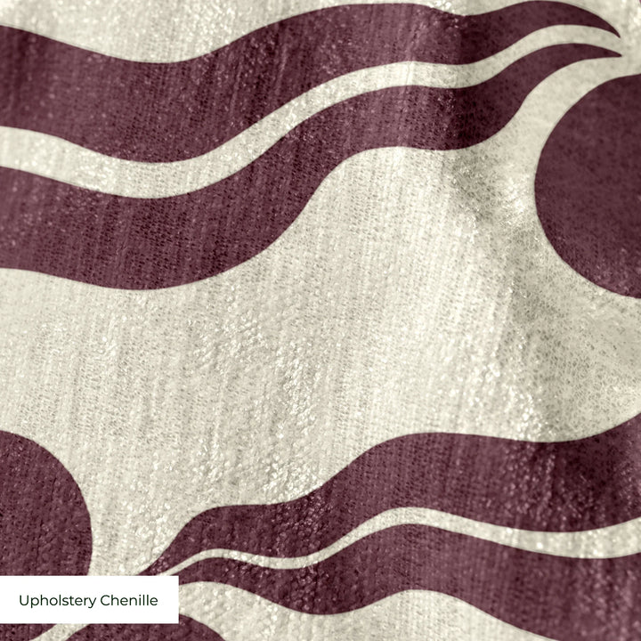 Chintamani Tiger in sandstone and blackcurrant: triple-disc chintamani roundels above paired wave bands, translated from a 15th-century Bursa silk velvet at The Metropolitan Museum of Art. cohort1 upholsterychenille texture