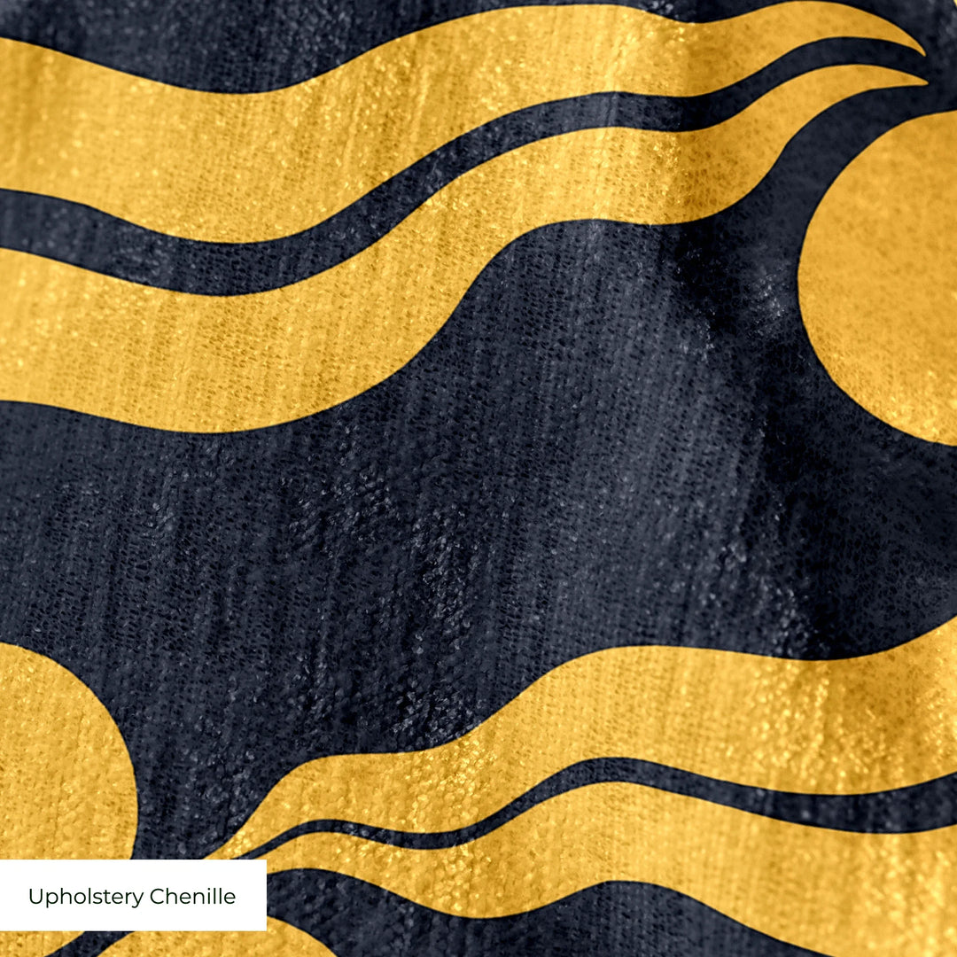 Chintamani Tiger in indigo and marigold: triple-disc chintamani roundels above paired wave bands, translated from a 15th-century Bursa silk velvet at The Metropolitan Museum of Art. cohort1 upholsterychenille texture