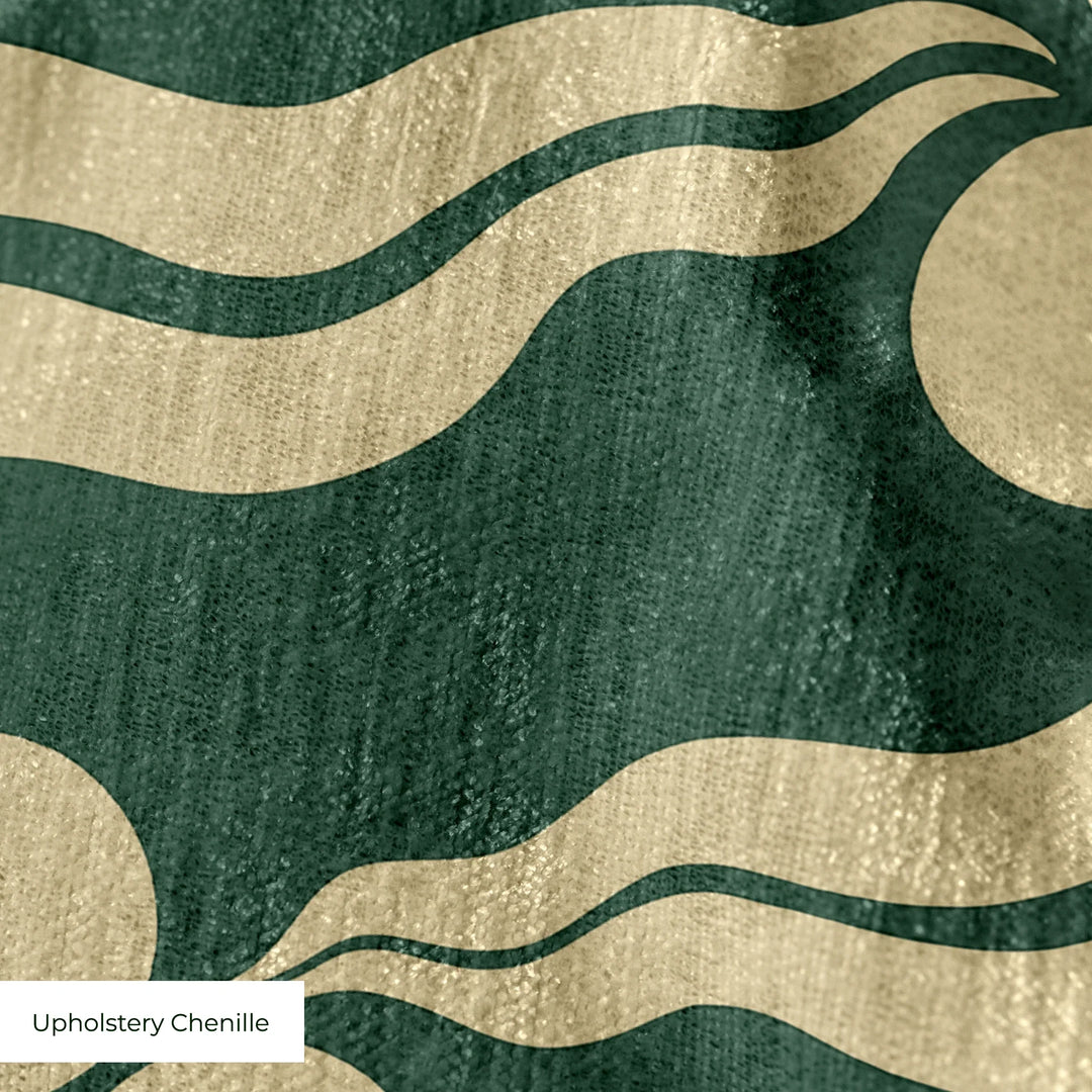 Chintamani Tiger in forest floor and flax: triple-disc chintamani roundels above paired wave bands, translated from a 15th-century Bursa silk velvet at The Metropolitan Museum of Art. cohort1 upholsterychenille texture