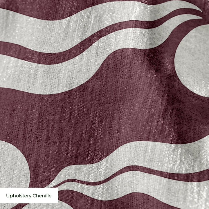 Chintamani Tiger in blackcurrant and travertine: triple-disc chintamani roundels above paired wave bands, translated from a 15th-century Bursa silk velvet at The Metropolitan Museum of Art. cohort1 upholsterychenille texture