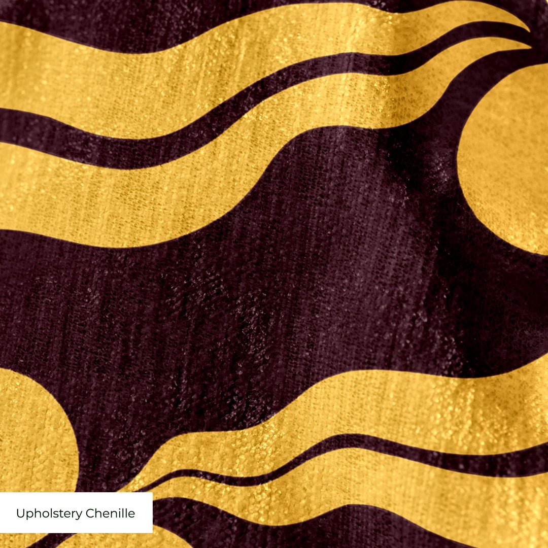Chintamani Tiger in blackcurrant and marigold: triple-disc chintamani roundels above paired wave bands, translated from a 15th-century Bursa silk velvet at The Metropolitan Museum of Art. cohort1 upholsterychenille texture