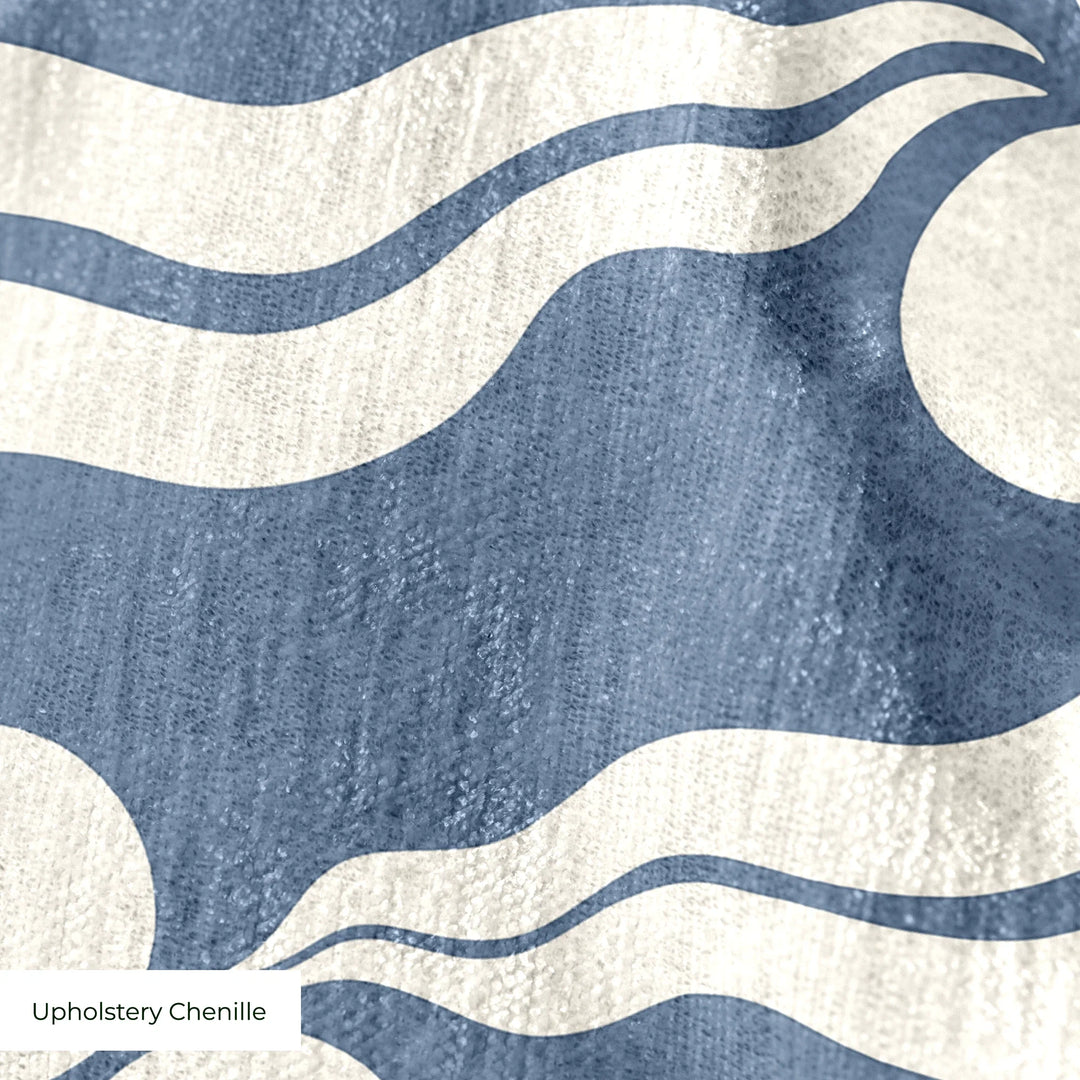 Chintamani Tiger in dusty blue and ivory: triple-disc chintamani roundels above paired wave bands, translated from a 15th-century Bursa silk velvet at The Metropolitan Museum of Art. cohort1 upholsterychenille texture