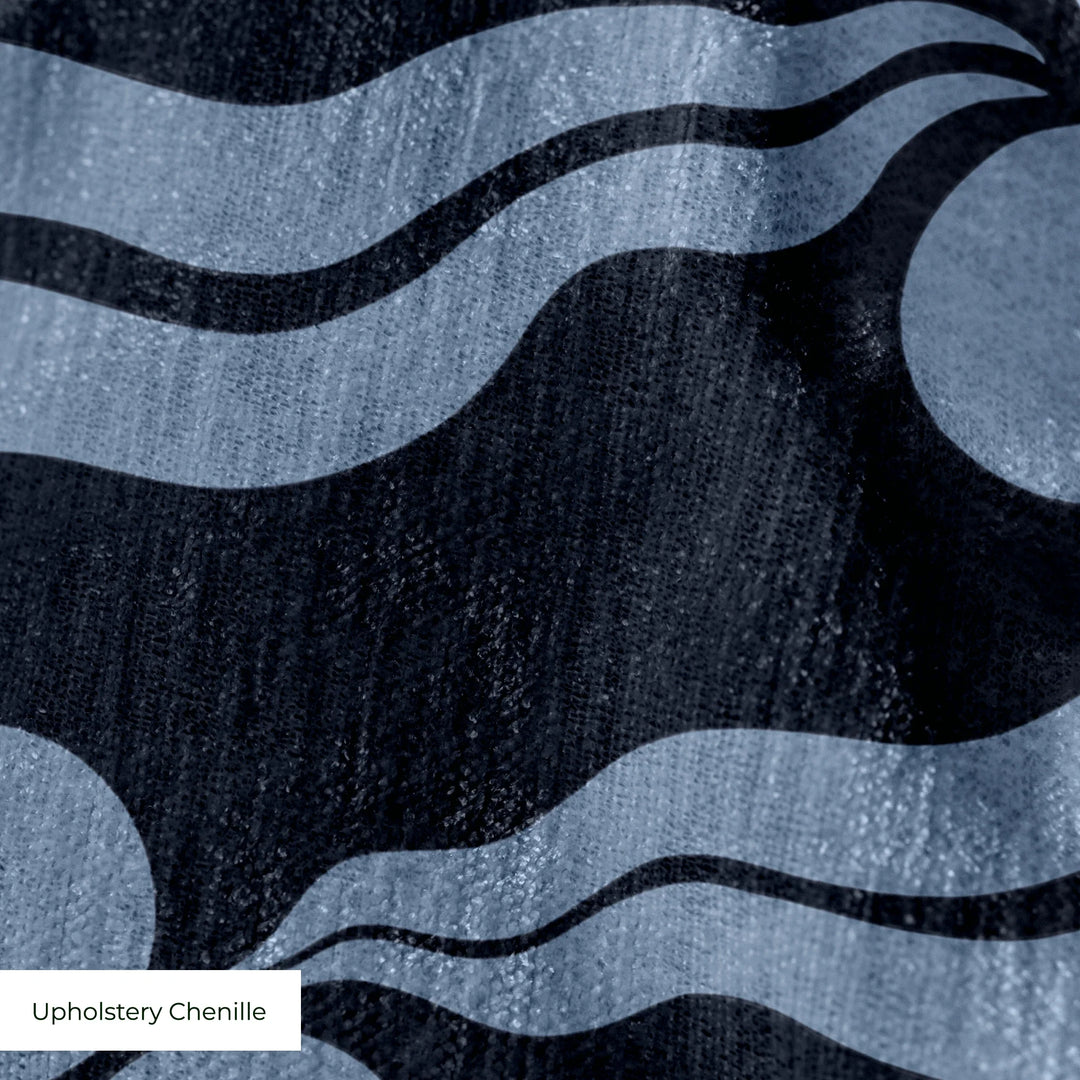 Chintamani Tiger in indigo and dusty blue: triple-disc chintamani roundels above paired wave bands, translated from a 15th-century Bursa silk velvet at The Metropolitan Museum of Art. cohort1 upholsterychenille texture