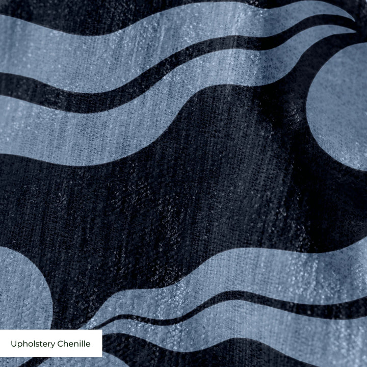 Chintamani Tiger in indigo and dusty blue: triple-disc chintamani roundels above paired wave bands, translated from a 15th-century Bursa silk velvet at The Metropolitan Museum of Art. cohort1 upholsterychenille texture