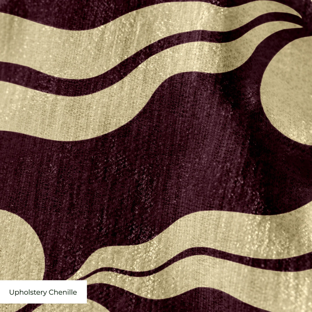 Chintamani Tiger in blackcurrant and flax: triple-disc chintamani roundels above paired wave bands, translated from a 15th-century Bursa silk velvet at The Metropolitan Museum of Art. cohort1 upholsterychenille texture