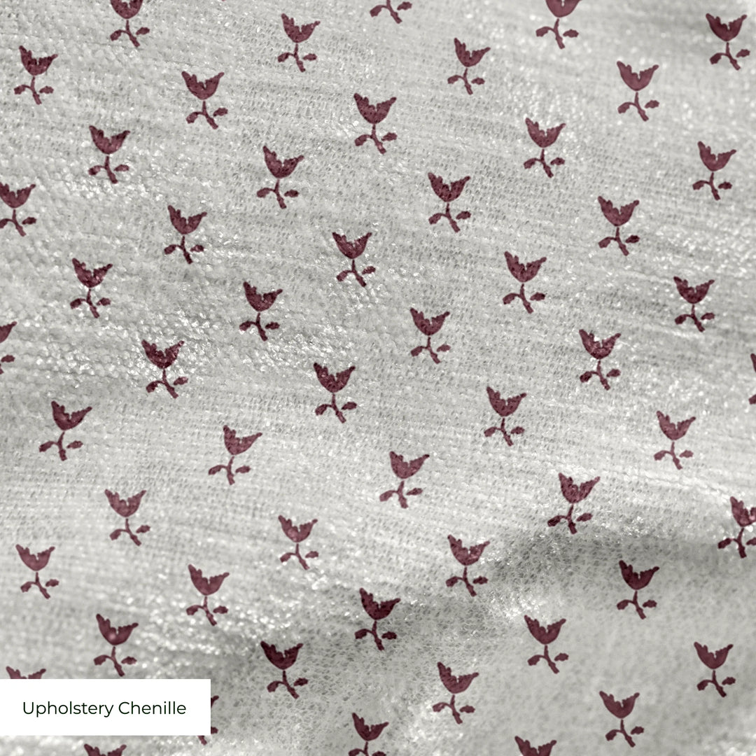 Deep red-brown Second Empire tulip silhouette on a pale grey ground: upholstery chenille swatch close-up.