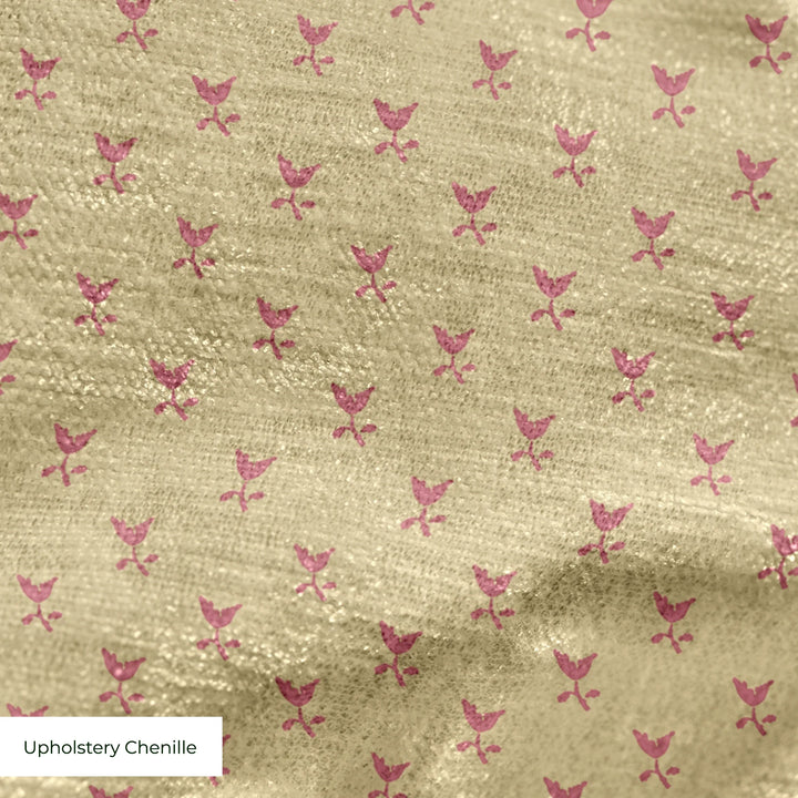 Dusty red Second Empire tulip silhouette on a warm tan ground: upholstery chenille swatch close-up.