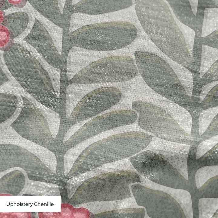 Grey-green 1918 leaf sprays with red berries on a grey ground: upholstery chenille swatch close-up.