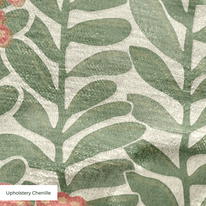 Muted green 1918 leaf sprays with red berries on a beige ground: upholstery chenille swatch close-up.