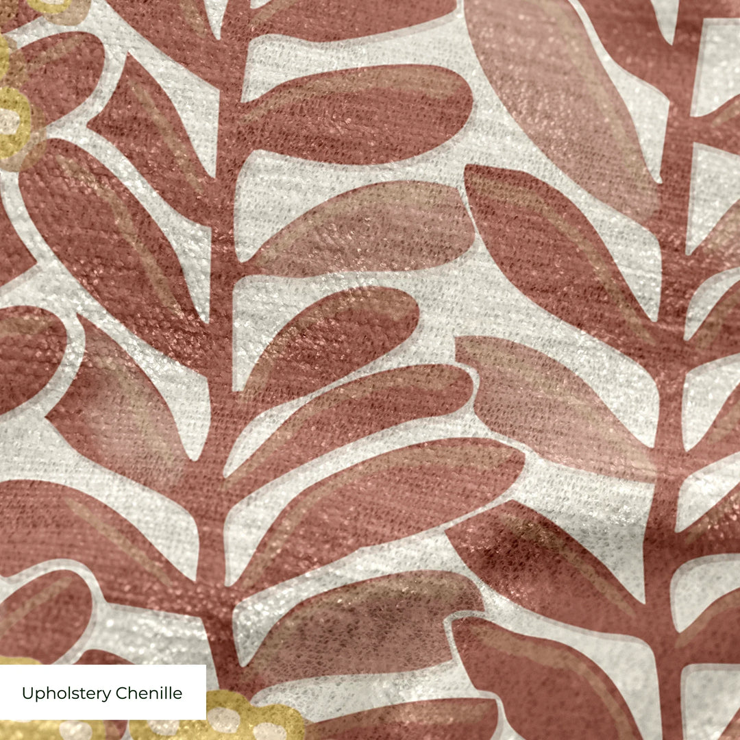 Brown 1918 leaf sprays with gold berries on a beige ground: upholstery chenille swatch close-up.