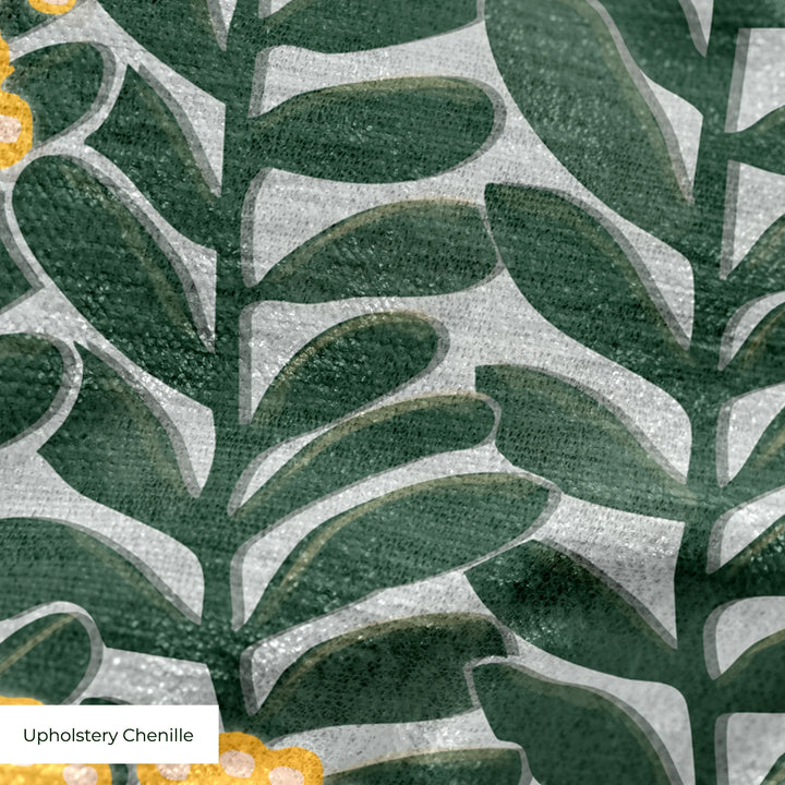 Dark green 1918 leaf sprays with yellow berries on a grey ground: upholstery chenille swatch close-up.