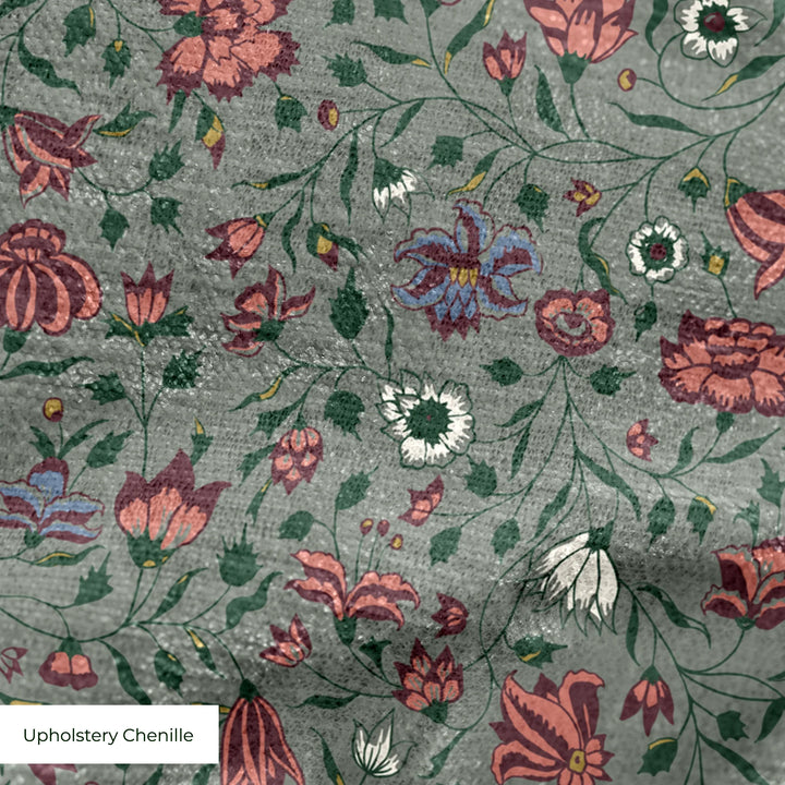 Dark purple 18th century Indian chintz vine on a grey-green ground: upholstery chenille swatch close-up.