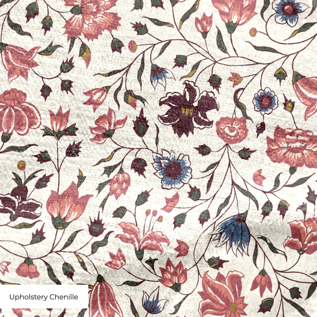 Red 18th century Indian chintz vine on a white ground: upholstery chenille swatch close-up.