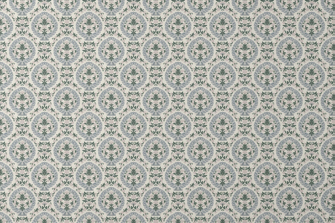 Varanasi Medallion in Ivory and Linen — slate-blue pointed medallions enclosing flowering plants on a near-white ground designs flat mockup