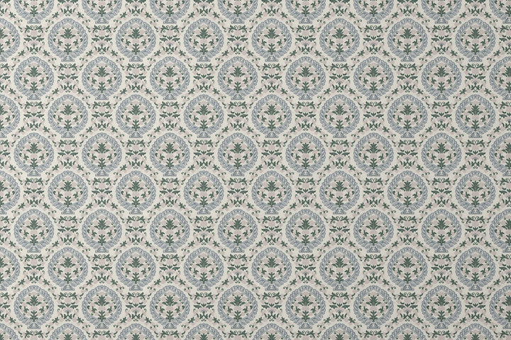 Varanasi Medallion in Ivory and Linen — slate-blue pointed medallions enclosing flowering plants on a near-white ground designs flat mockup