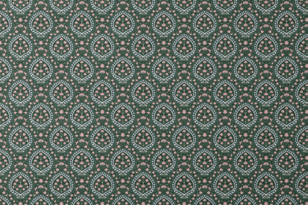 Varanasi Medallion in Forest Floor and Ivory — rose-pink flowers inside pale pointed medallions on a deep green ground designs flat mockup