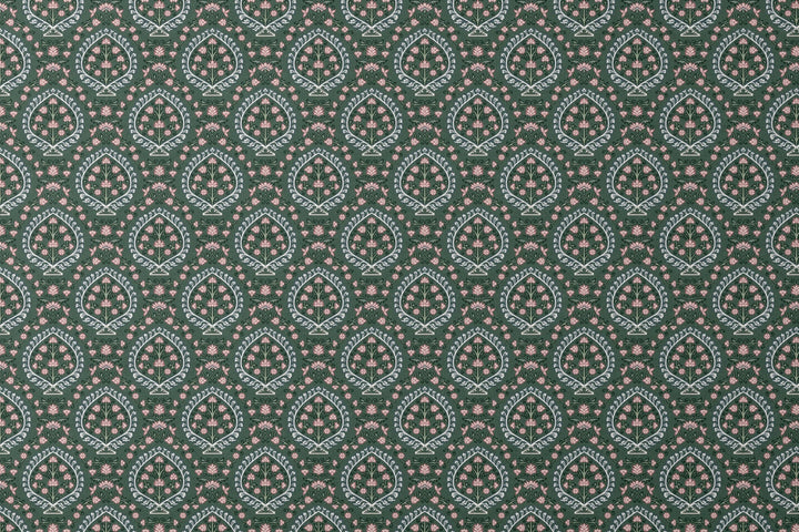 Varanasi Medallion in Forest Floor and Ivory — rose-pink flowers inside pale pointed medallions on a deep green ground designs flat mockup