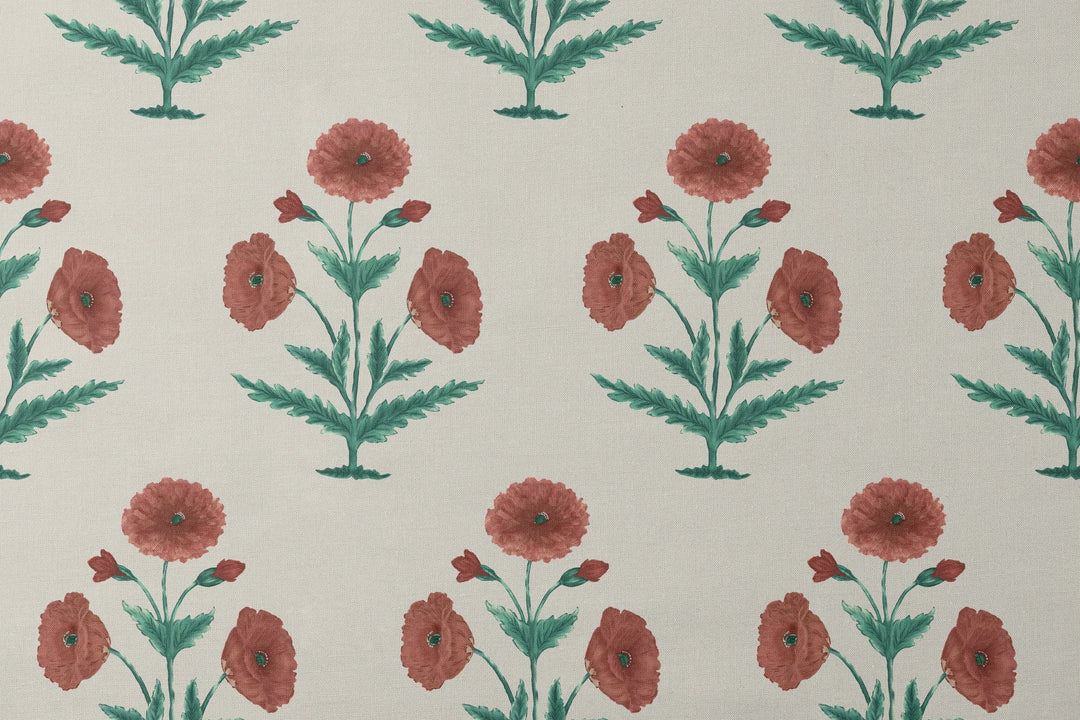 Mughal Poppy, Linen / Verdigris Fabric