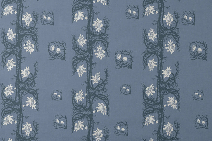 Marguerite in dusty blue and slate: spined, entwined stems forming vertical channels around massed daisy heads, translated from a c. 1904 Dutch linen damask finger towel by Cornelis van der Sluys. designs flat mockup